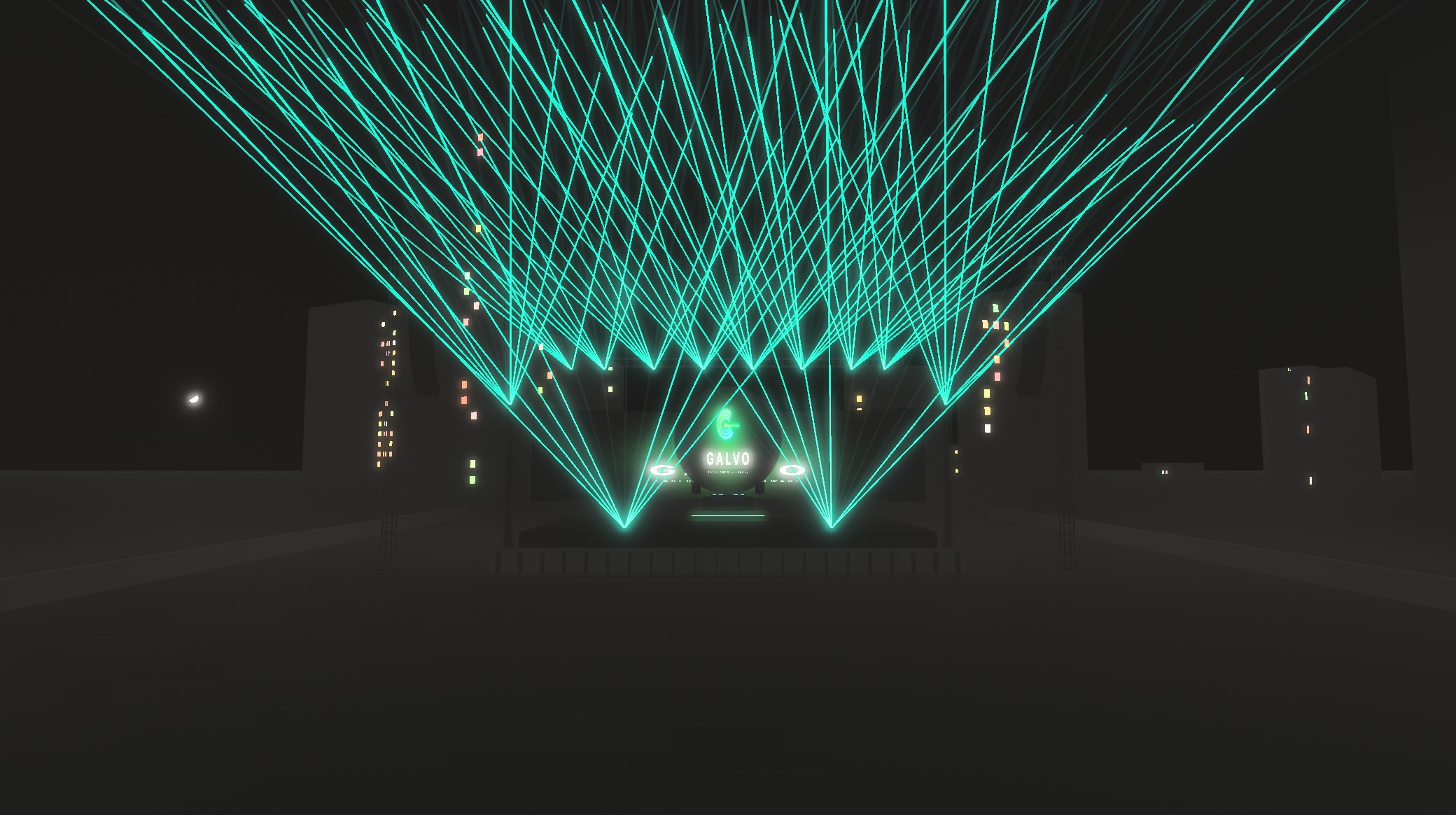 Vollständiger Fächereffekt von 12 Lasern auf einer nächtlichen Dachbühne, in GALVO gerendert