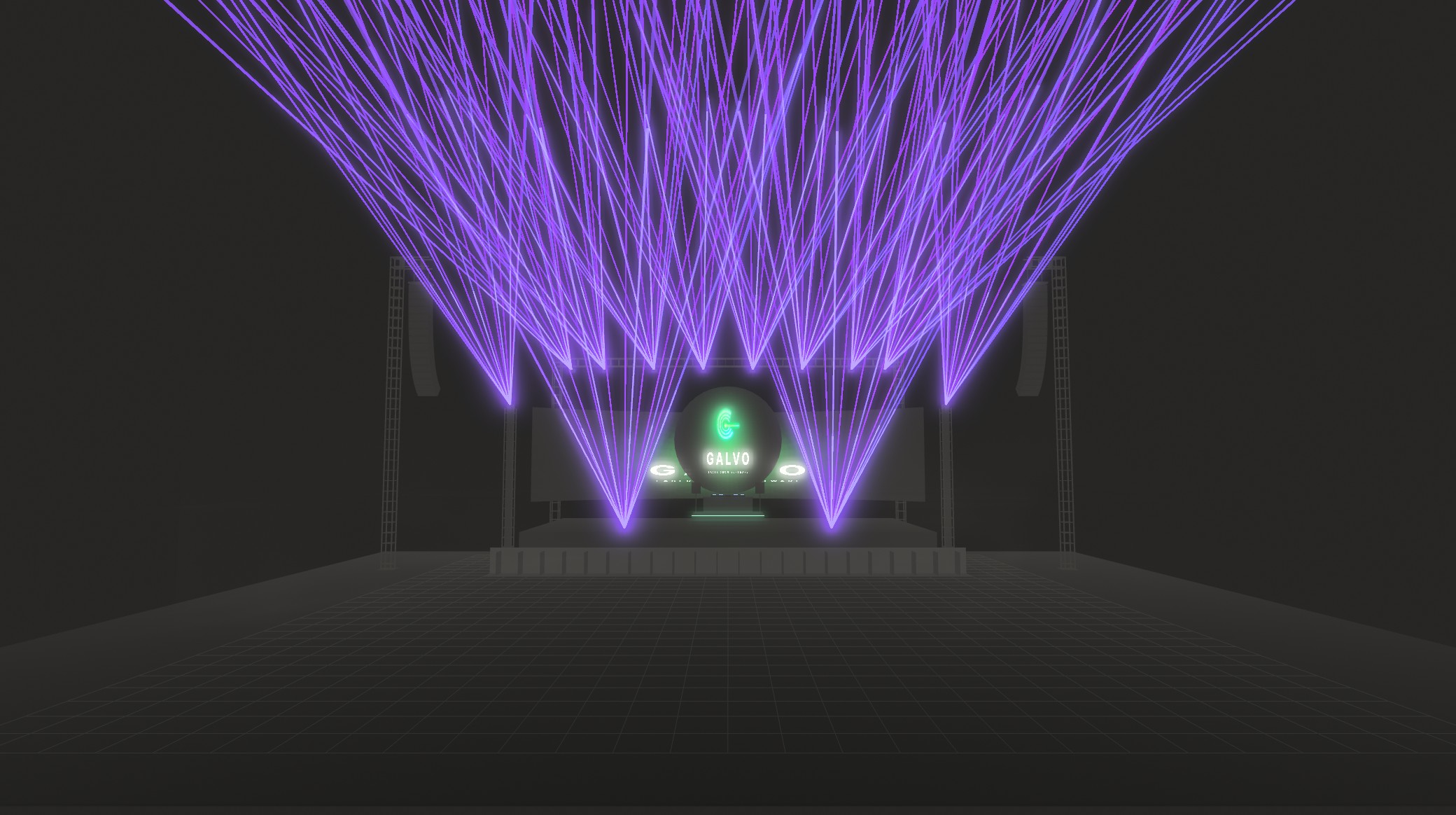 Ein violetter Lasertunnel über einer nächtlichen Festivalbühne, in GALVO gerendert