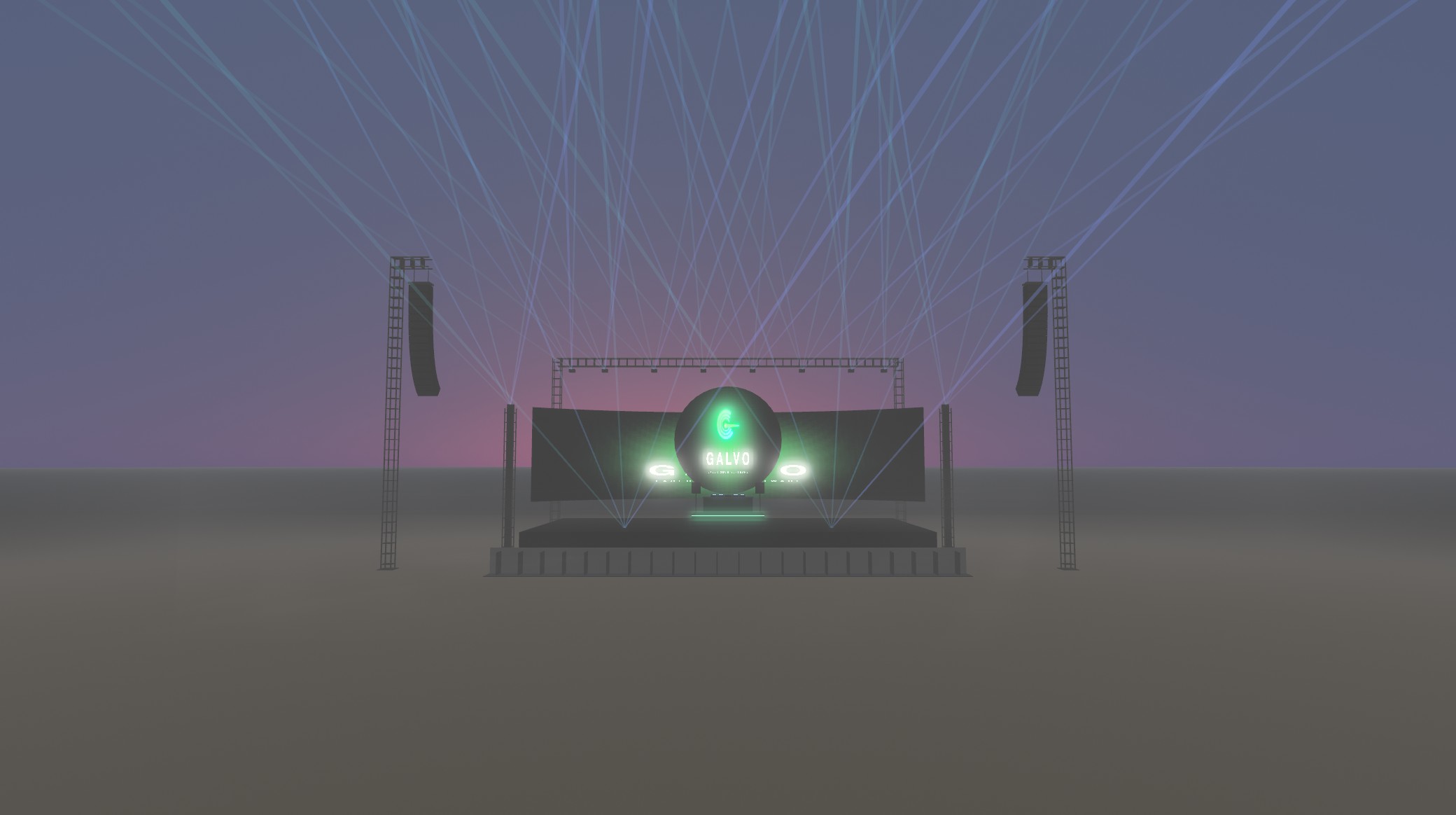 Crossing laser beams over a beach festival stage at dusk, rendered in GALVO