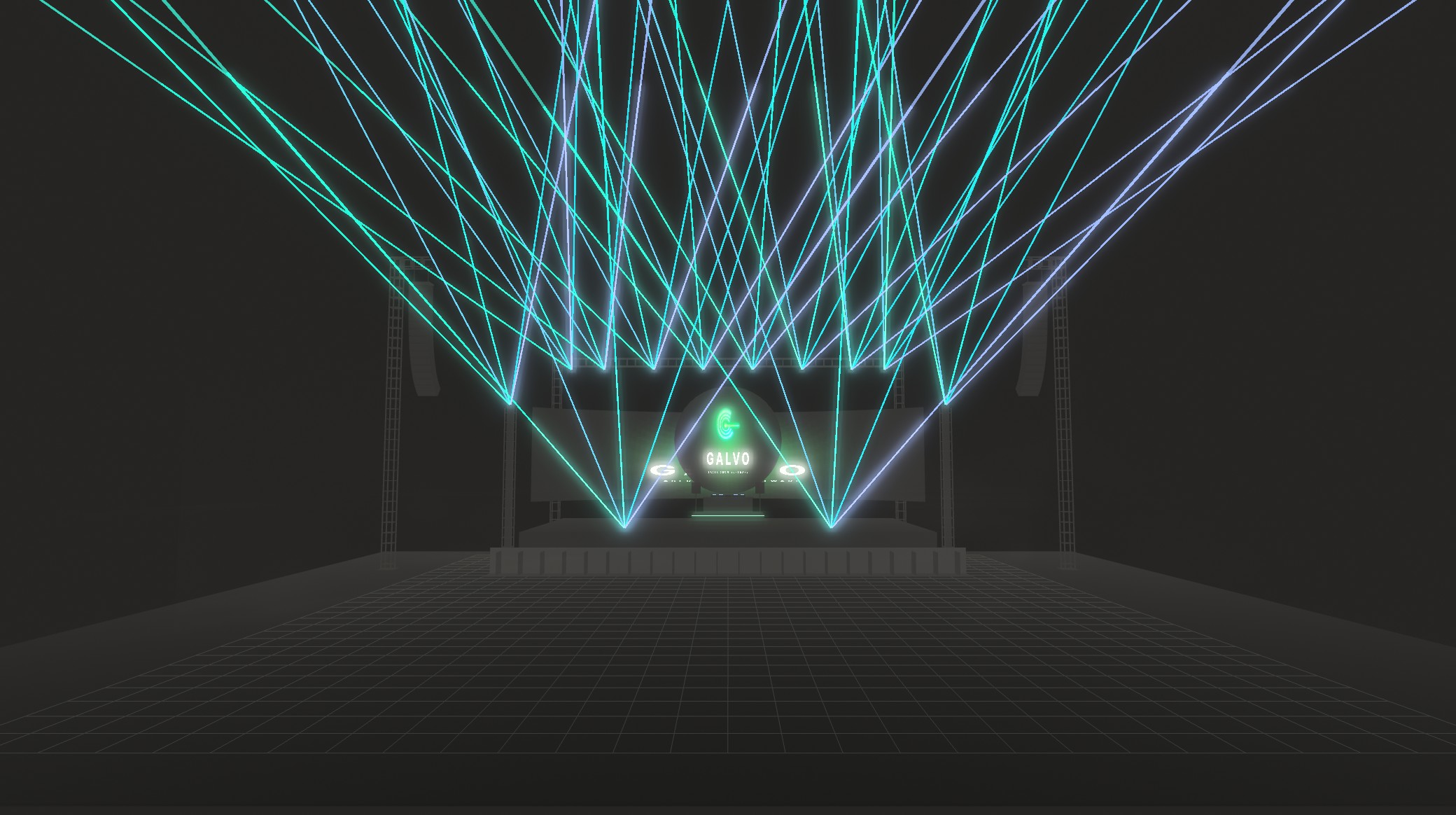 Sich kreuzende Laserstrahlen über einer nächtlichen Festivalbühne, in GALVO gerendert